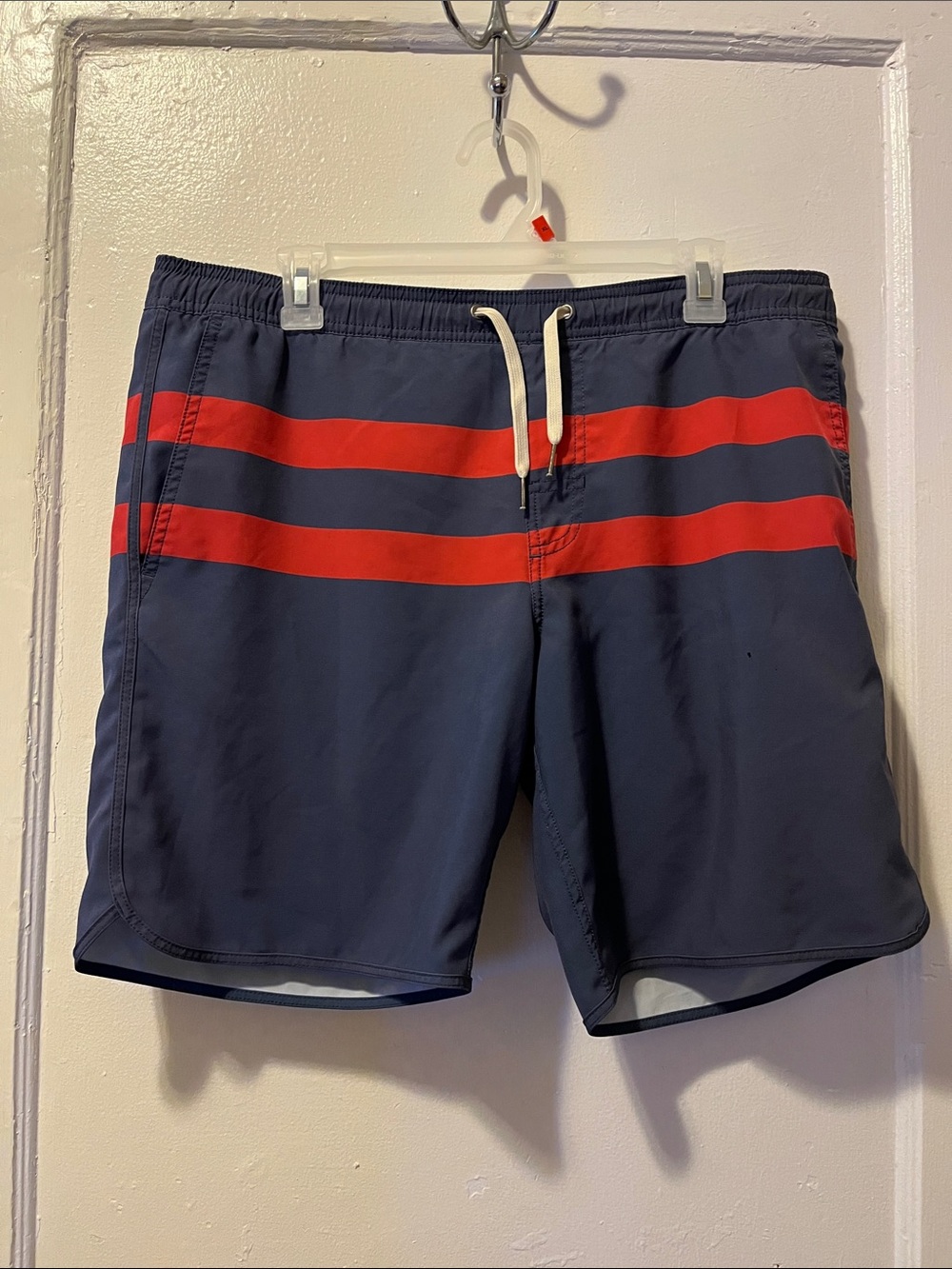 Navy Swim Board Shorts with Red Stripes